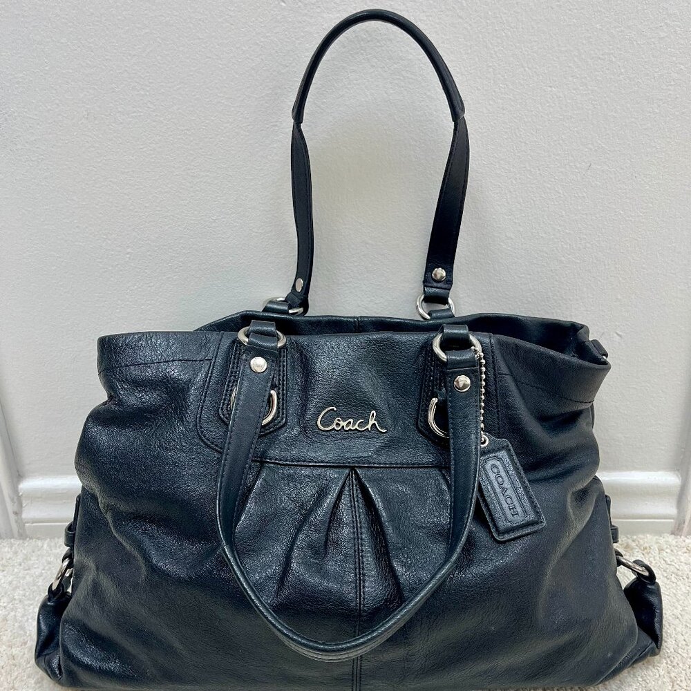 COACH ASHLEY BLACK LEATHER LARGE SATCHEL CARRYALL BAG PURSE F15513